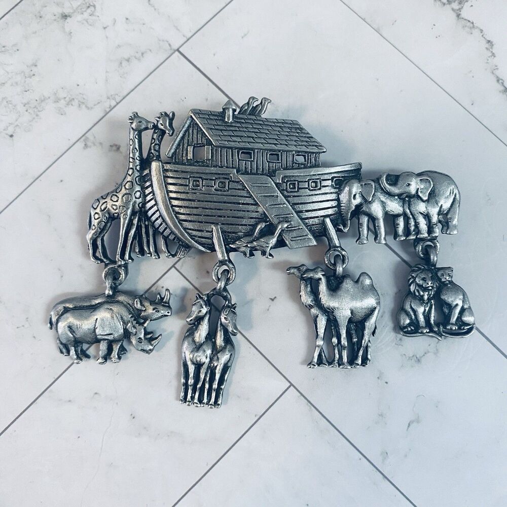 Vintage Noah's Ark Dangling Animal Brooch Pewter Tone  Signed Jonette Jewelry